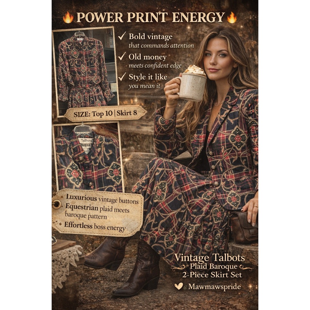 Vintage Talbots Plaid Baroque Skirt Set 90s Power Suit Old Money Style Size 10/8